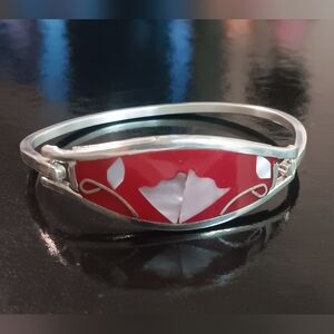 MEXICO Alpaca Silver Mother of Pearl Pink Hinged Cuff Bracelet